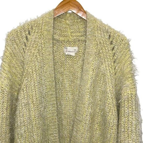 Anthropologie Womens Larkin Shimmer Metallic Fuzzy Eyelash Cardigan Yellow Large - Picture 2 of 8